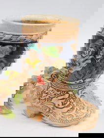 Ceramic Boot-Shaped Vase with Decorative Scenes