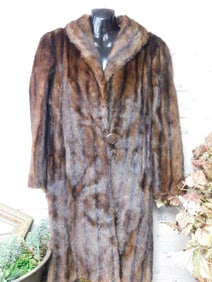 Full-Length Brown Fur Coat with Button Closure