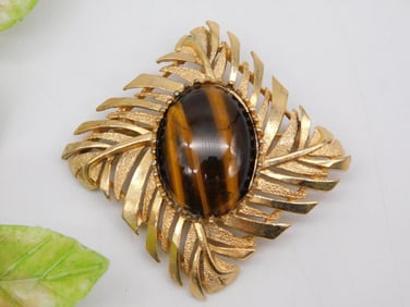 Gold-Tone Brooch with Tiger's Eye Stone