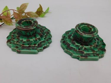 Pair of Green Ceramic Taper Candle Holders Made in Japan