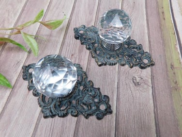 Crystal Knobs With Ornate Metal Bases, Set of 2