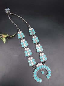 Silver and Turquoise Squash Blossom Necklace