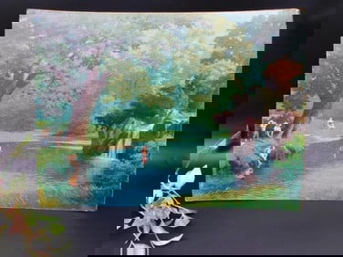 Colorful Landscape Painting with Waterfall and Swimmers