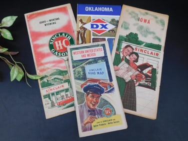 Five Vintage Road Maps Featuring Sinclair and DX Branding