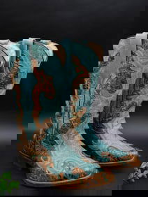 Teal and Brown Leather Cowboy Boots, Size 7M