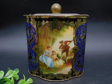 Decorative Metal Tin With Romantic Scene and Lid