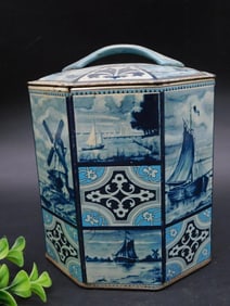 Blue and White Tin Container with Lid, Made in Western Germany