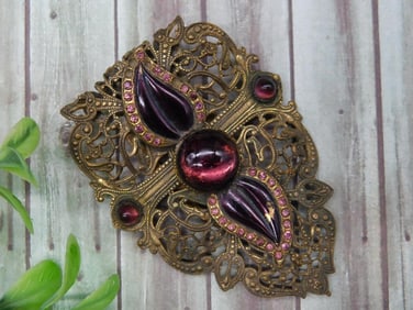 Brass-Like Filigree Clip with Purple Cabochons