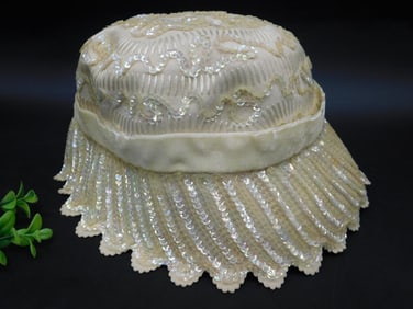 Sequined Cream Hat With Velvet Trim and Bow Accent