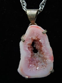 Pink Geode Pendant on Silver Tone Chain Necklace