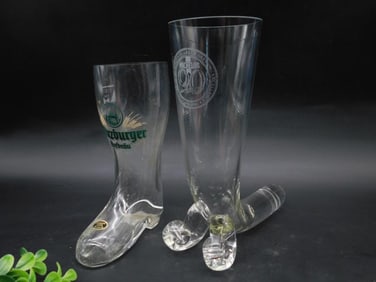 Set of 2 Glass Beer Boot Mugs: Wurzburger & Michelob Commemorative