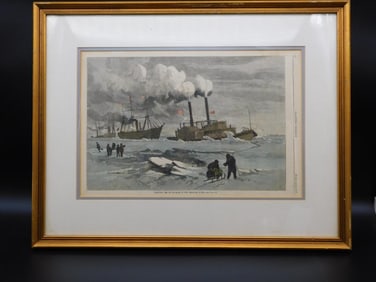 1877 FRAMED HARPERS WEEKLY BREAKING THE ICE BLOCKADE IN THE DELAWARE RIVER SCENE VINTAGE ANTIQUE