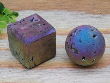RAINBOW TITANIUM SPHERE AND CUBE ROCK STONE LAPIDARY SPECIMEN