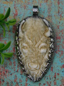 CARVED BONE BISON PENDANT ROCK STONE LAPIDARY SPECIMEN