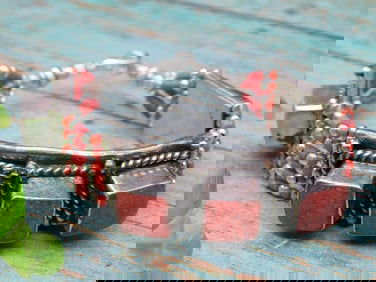 Silver and Coral Inlay Bracelet With Square Accents