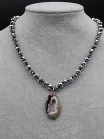 Faceted Bead Necklace With Geode Slice Pendant