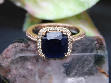Gold Ring With Blue Stone and Rhinestone Halo