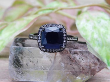 Black Gemstone Ring With Halo of Small Gems, Size 8