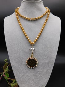 Beaded Necklace With Round Pendant and Rhinestones