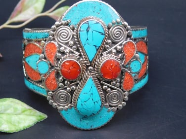 Turquoise and Coral-Inlaid Bracelet