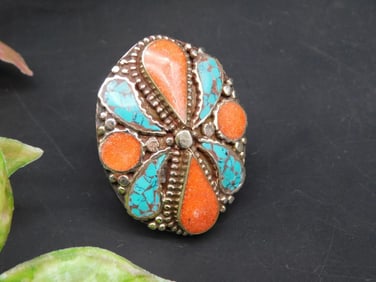 Silver-Toned Adjustable Ring With Turquoise and Coral Accents