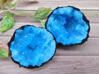 Blue Dyed Quartz Geode Pair with Crystalline Center