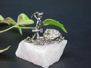 Miner Figurine on Pyrite and Quartz Base Display