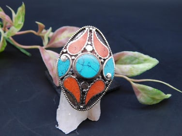 Silver Ring With Turquoise and Red Coral Inlays