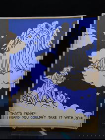 Cartoon Art Print With Humorous Saying in Blue and White