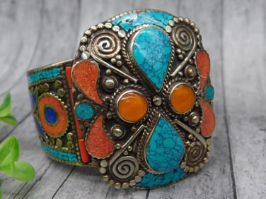 Turquoise and Red Coral Cuff Bracelet