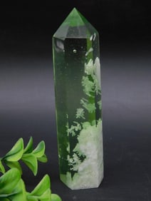 Green Quartz Crystal Point With White Inclusions