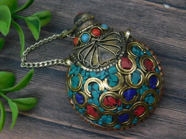 Colorful Ornamental Metal Snuff Bottle With Chain
