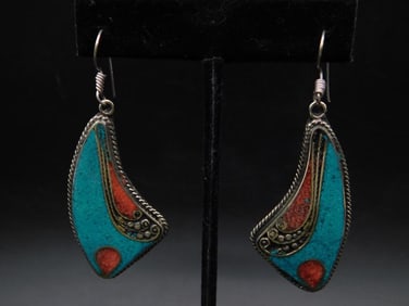 Colorful Turquoise and Red Coral Dangle Earrings