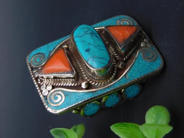 Turquoise and Red Coral Ring