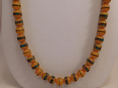 BONE CARVED AFRICAN TRADE BEADS INLAID WITH TURQUOISE AND CORAL