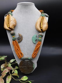 Beaded Necklace with Cowrie Shells and Circular Pendant