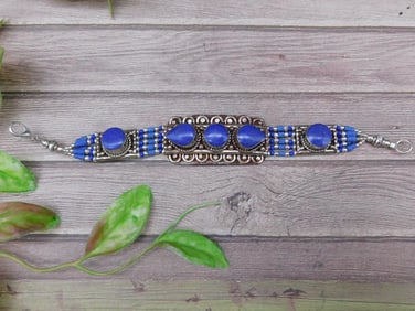 Handcrafted Lapis Lazuli Stone Beaded Bracelet With Metal Accents