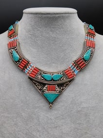 Turquoise and Coral Beaded Necklace with Geometric Design