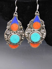 Earrings With Blue and Orange Stone Accents