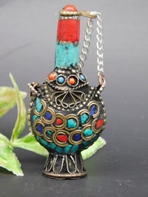 Brass and Stone Vessel with Chain Accent, Multicolored Design