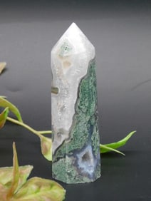 Polished Moss Agate Crystal Point Tower