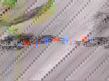 Metal Bracelet With Red Coral and Lapis Lazuli Inlaid Stones