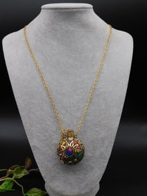 Gold-Tone Necklace With Multicolor Mosaic Pendant Design