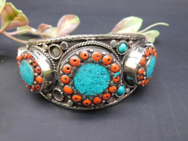 Cuff Bracelet With Turquoise and Coral Accents