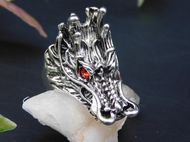 Silver Dragon Head Ring with Red Eyes, Size 11