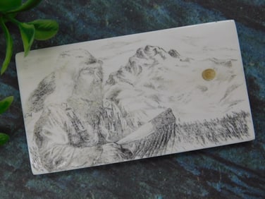 Engraved Ivory Scrimshaw Panel with Mountain Scene