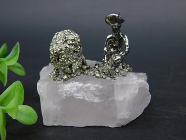 Quartz Base with Pyrite Cluster and Metallic Figurine