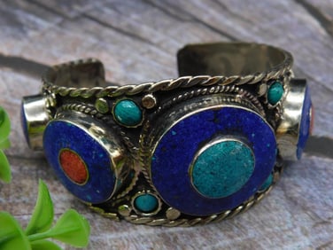Silver-Tone Bracelet With Colorful Stone Inlays
