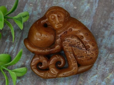 Carved Monkey Design Brown Jade