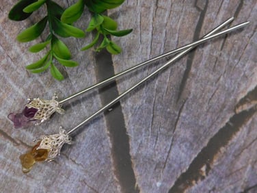 Set of Two Gemstone Silver-Topped Hair Sticks